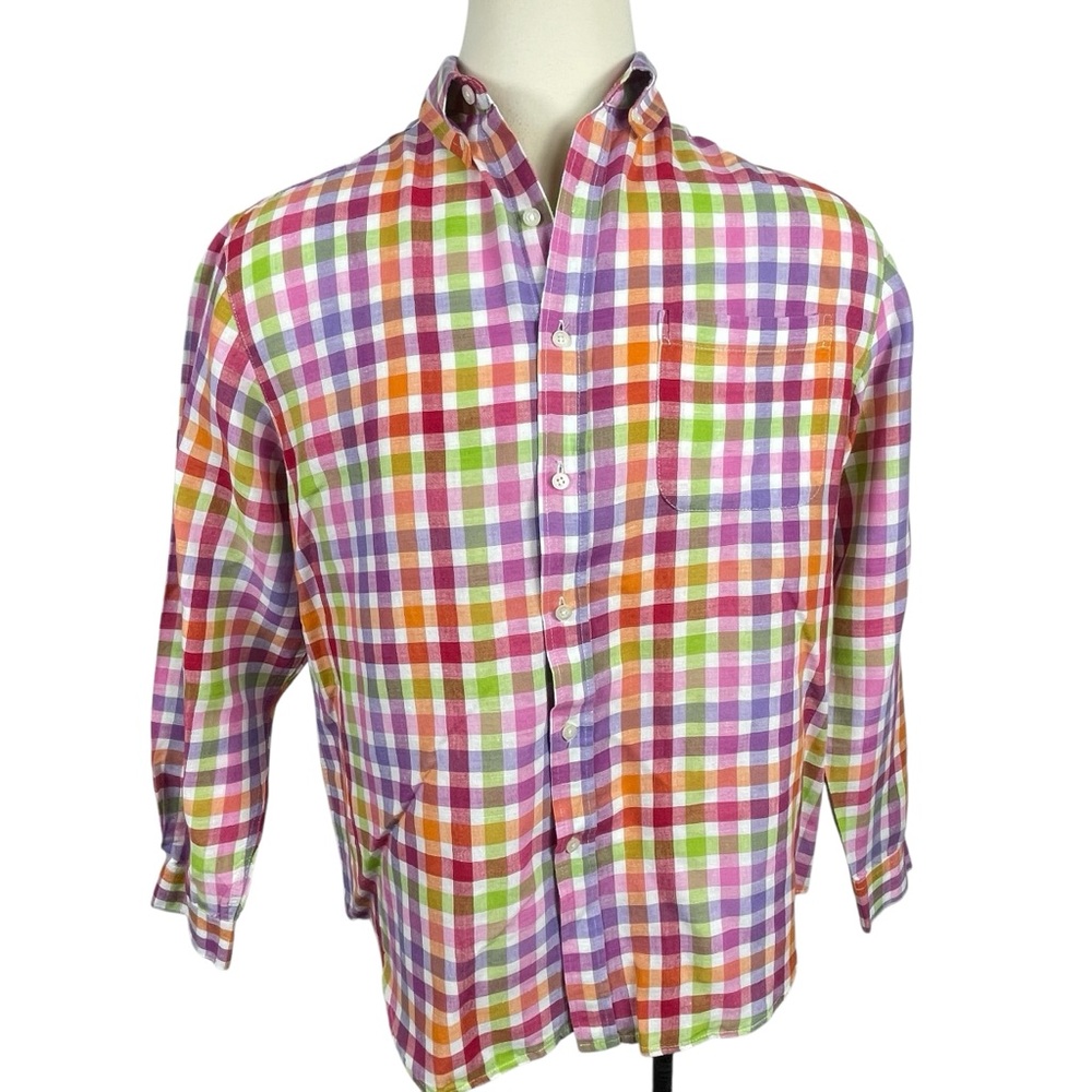Men’s Alan Flusser‎ Multicolored Plaid Linen/Cotton Blend Button Down Large 0110